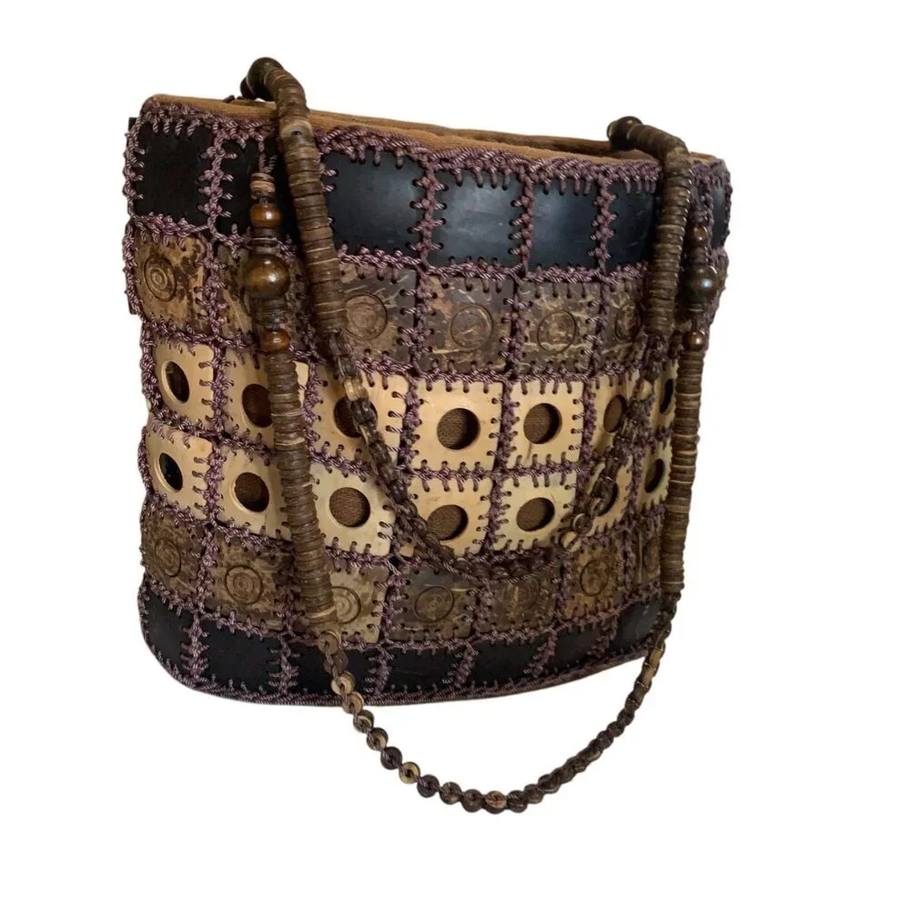Handcrafted Boho Patchwork Shoulder Bag Beaded Straps & Unique‎ Coconut Shells